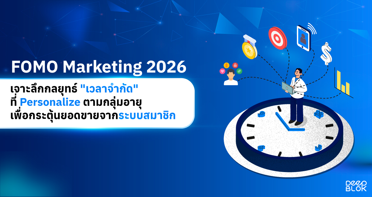 ภาพเปรียบเทียบนักธุรกิจที่เครียดจากปัญหา Promo Fatigue และหน้าจอ Dashboard ของระบบ CRM ที่ช่วยส่งโปรโมชั่นแบบ Personalize ให้ลูกค้าแต่ละ Segment ด้วยกลยุทธ์ Data-Driven FOMO