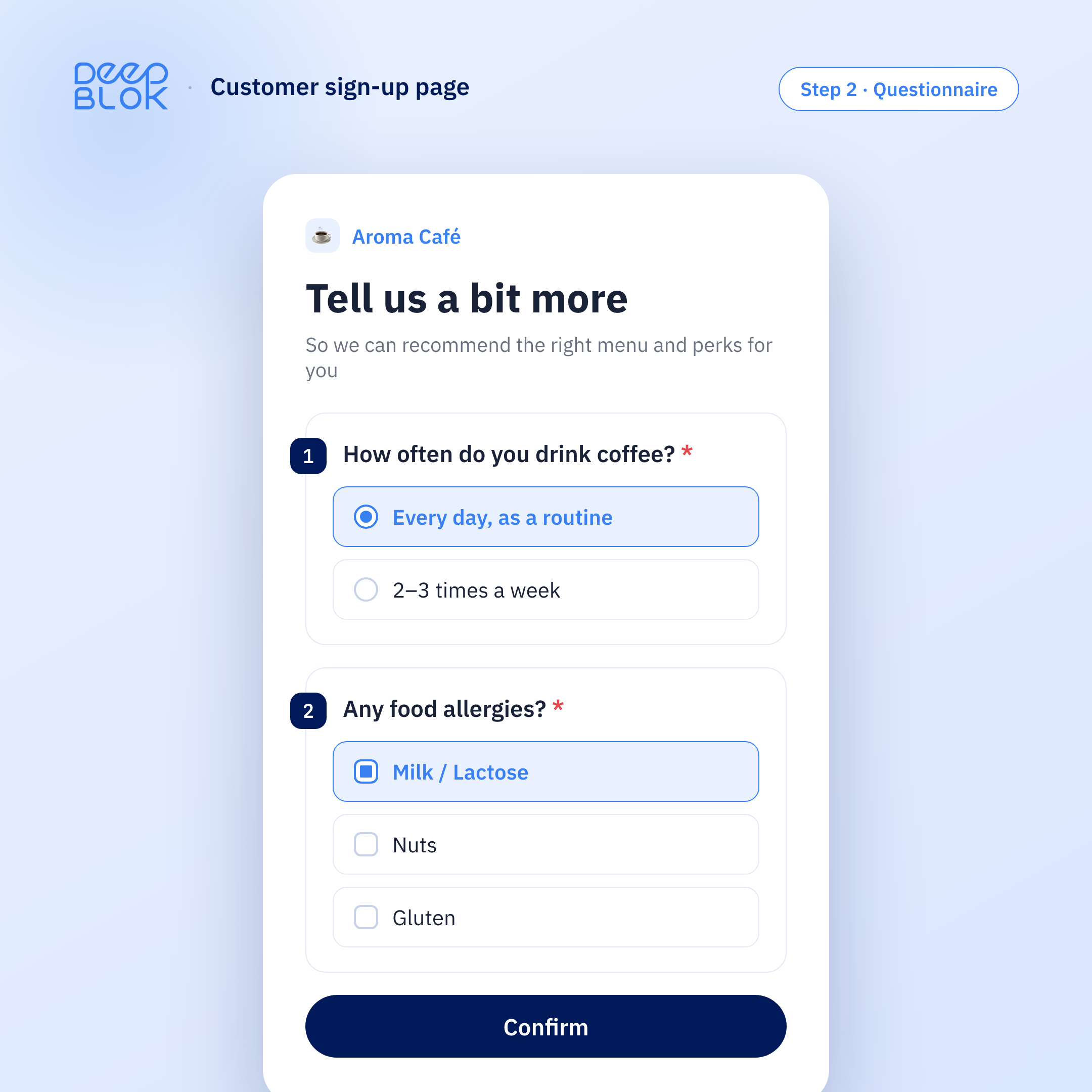 Registration page as seen by customers — question cards