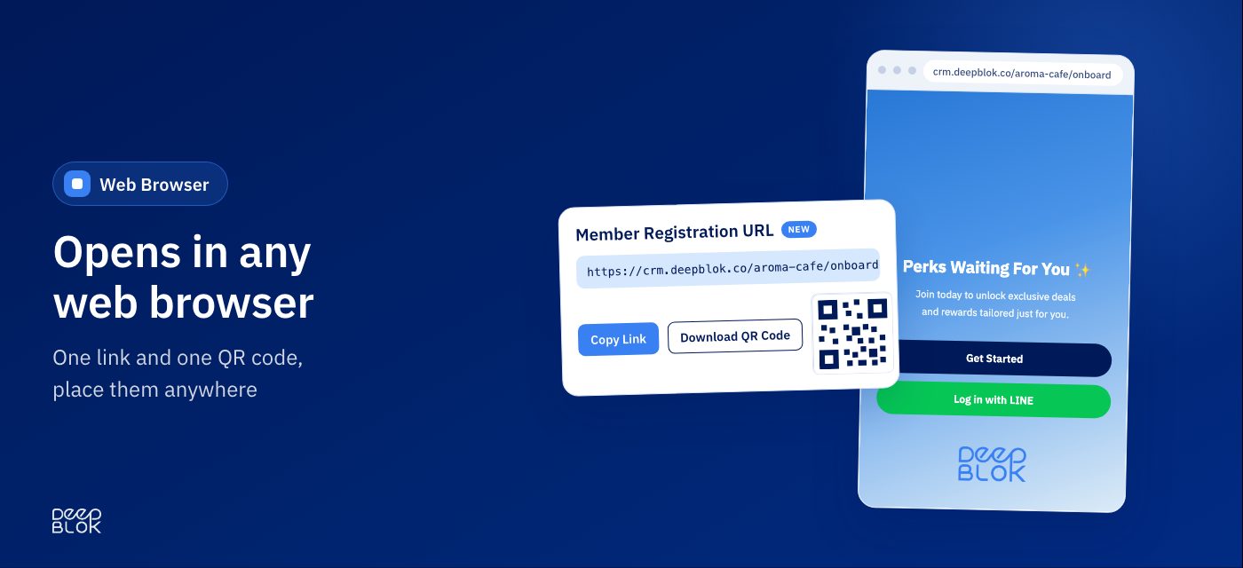 Member page in a web browser, with the Member Registration URL card and QR code
